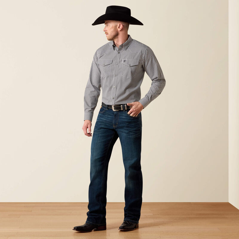 ARIAT MENS WRINKLE FREE BUD CLASSIC LONG SLEEVE SNAP SHIRT - WHITE/BLACK SMALL PLAID