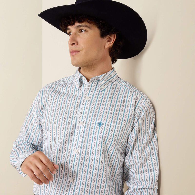 ARIAT MENS CROW FITTED LONG SLEEVE SHIRT - WHITE LONGHORN STRIP