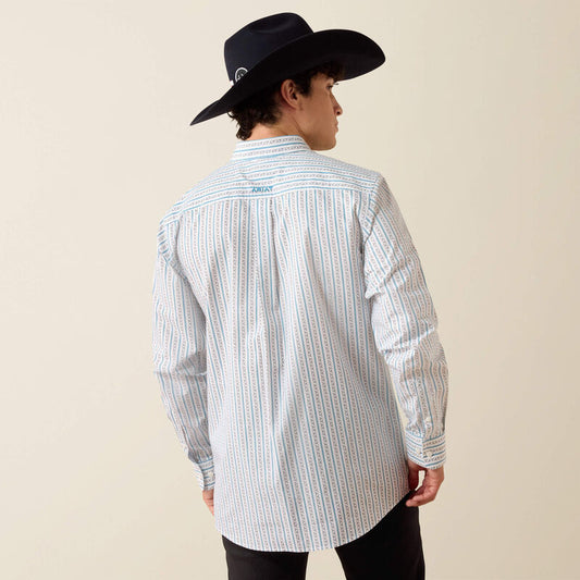 ARIAT MENS CROW FITTED LONG SLEEVE SHIRT - WHITE LONGHORN STRIP