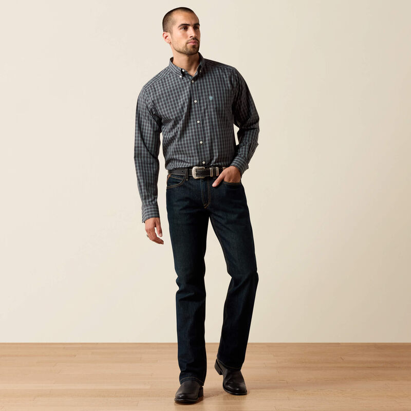 ARIAT MENS WRINKLE FREE BARBARY LONGSLEEVE SHIRT - BLACK SMALL PLAID