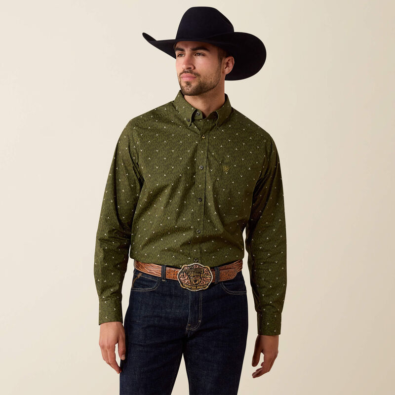 ARIAT MENS CHAD LONG SLEEVE CLASSIC FIT SHIRT - GRAPE LEAF IKAT LONGHORN PRINT