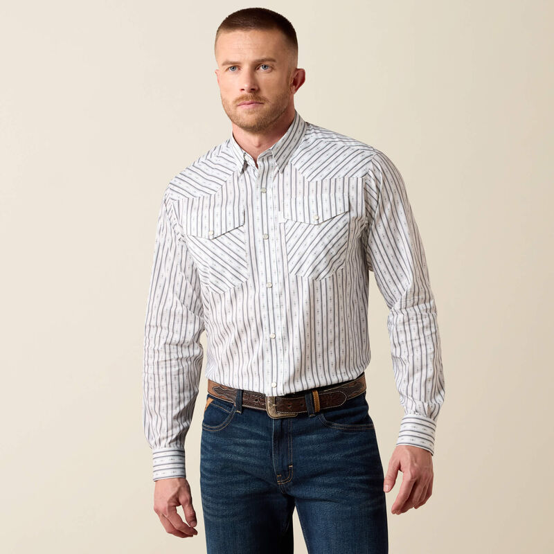 ARIAT MENS EVERYTHING LONG SLEEVE SNAP SHIRT - WHITE GEO STRIPE