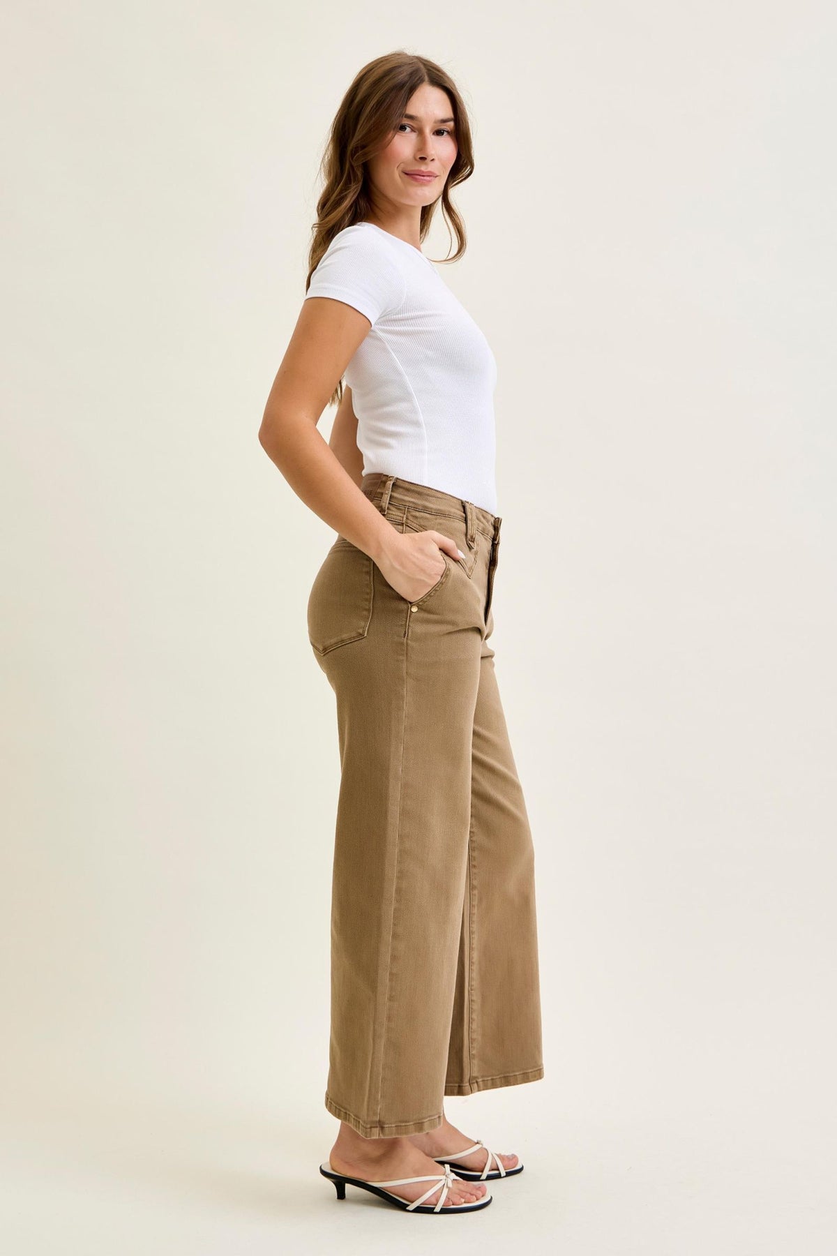 JUDY BLUE HIGH WAIST ANKLE WIDE W VINTAGE FRONT YOKE - GOLDEN BROWN