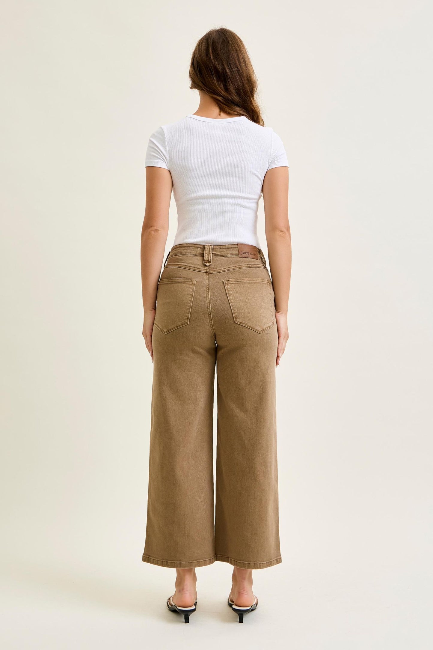 JUDY BLUE HIGH WAIST ANKLE WIDE W VINTAGE FRONT YOKE - GOLDEN BROWN