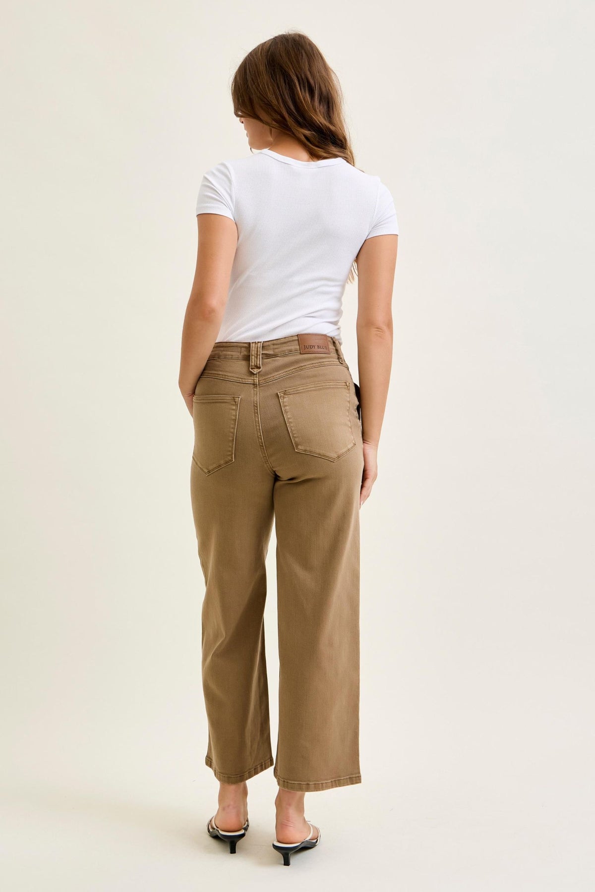 JUDY BLUE HIGH WAIST ANKLE WIDE W VINTAGE FRONT YOKE - GOLDEN BROWN