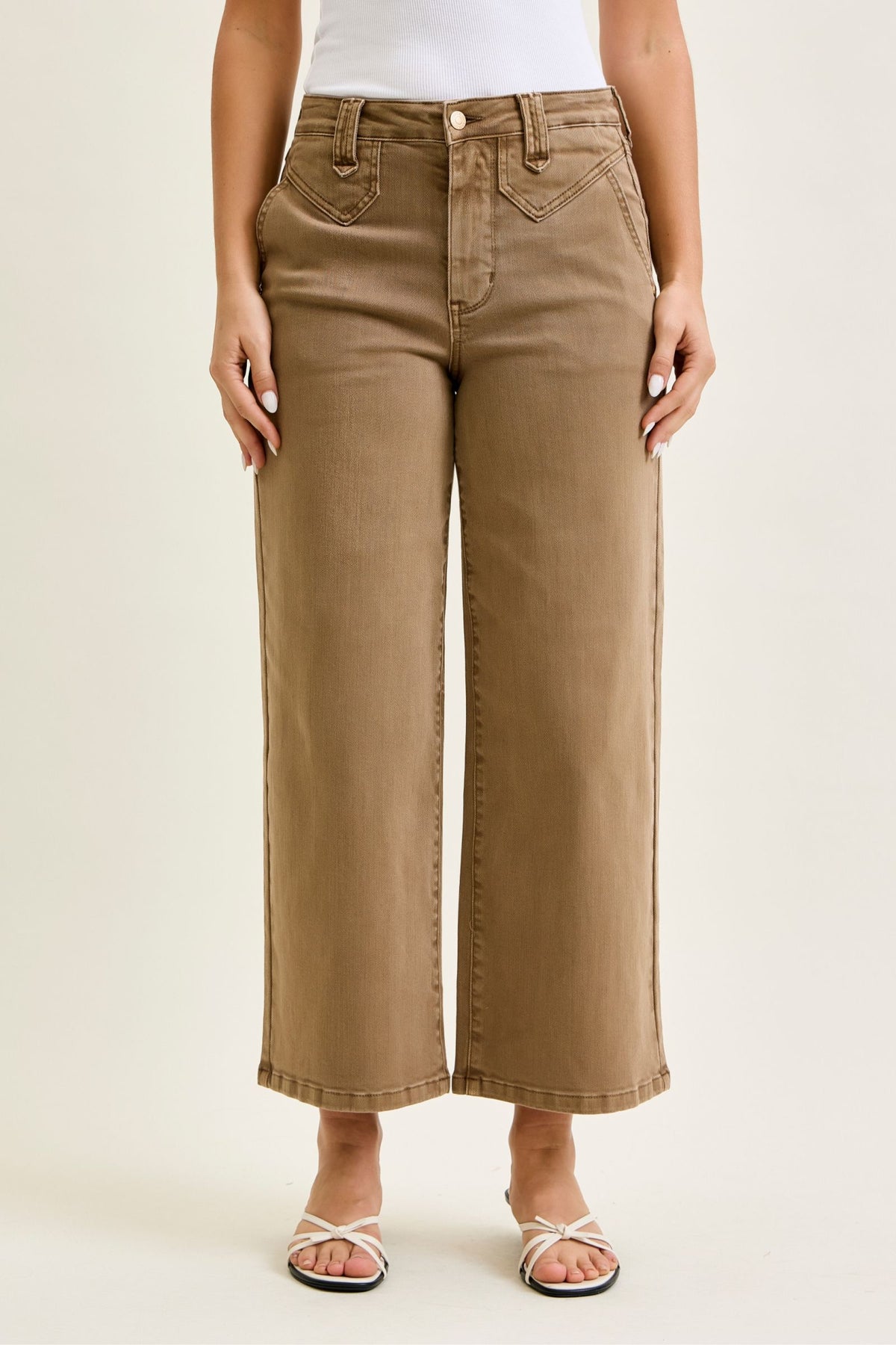 JUDY BLUE HIGH WAIST ANKLE WIDE W VINTAGE FRONT YOKE - GOLDEN BROWN