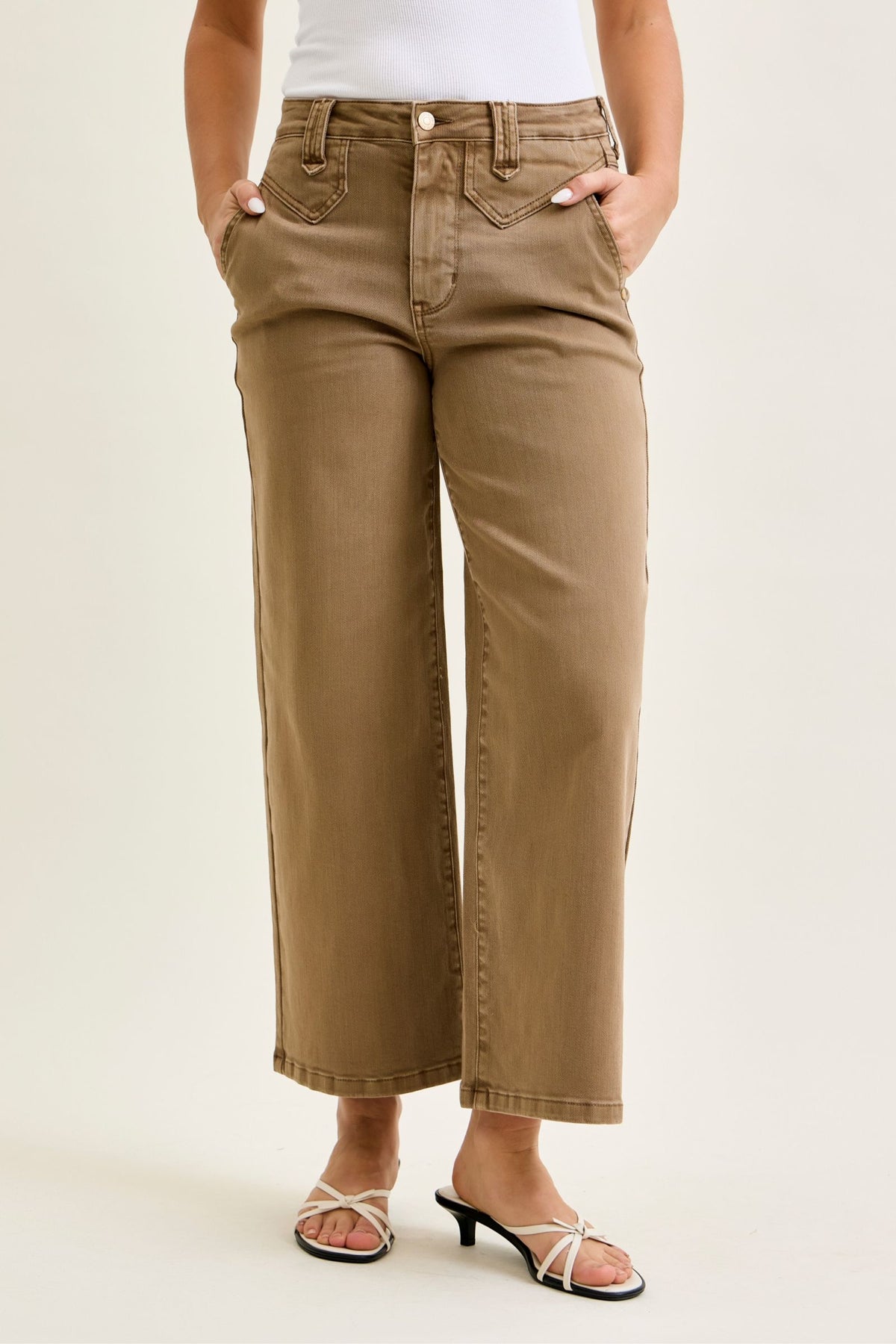 JUDY BLUE HIGH WAIST ANKLE WIDE W VINTAGE FRONT YOKE - GOLDEN BROWN