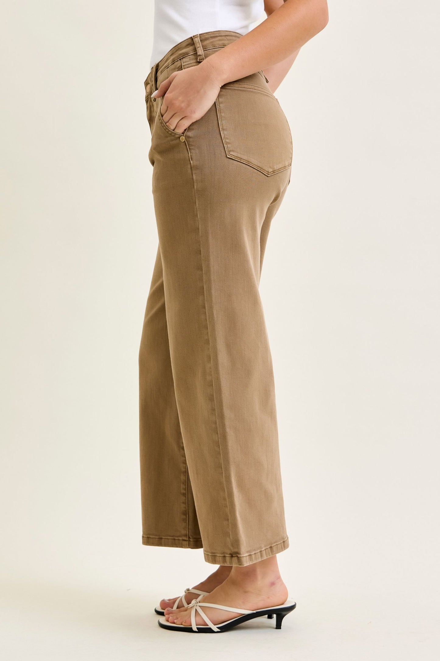 JUDY BLUE HIGH WAIST ANKLE WIDE W VINTAGE FRONT YOKE - GOLDEN BROWN