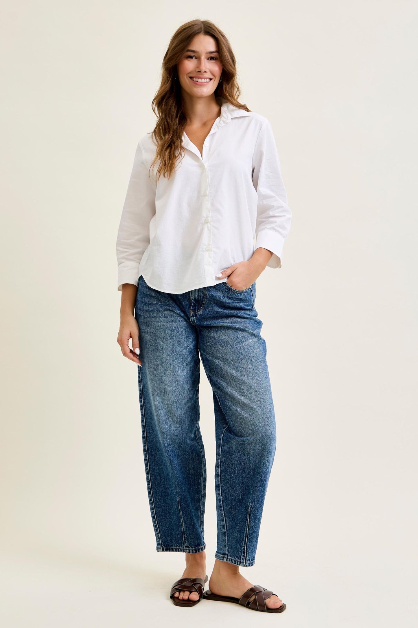 JUDY BLUE HIGH WAIST R.M. BARREL W DART DETAILING - MEDIUM STONE
