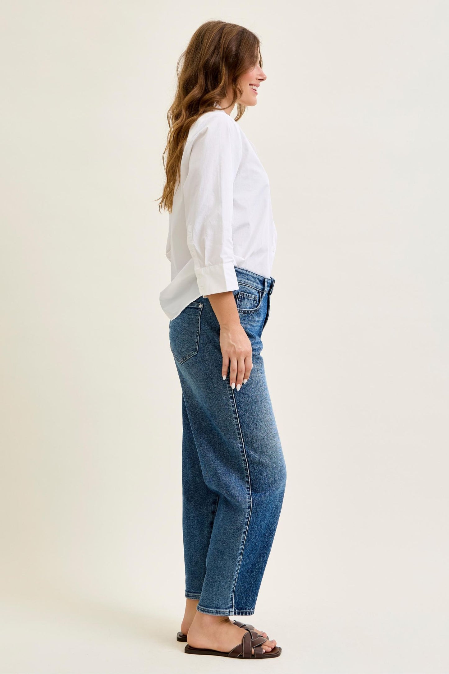 JUDY BLUE HIGH WAIST R.M. BARREL W DART DETAILING - MEDIUM STONE