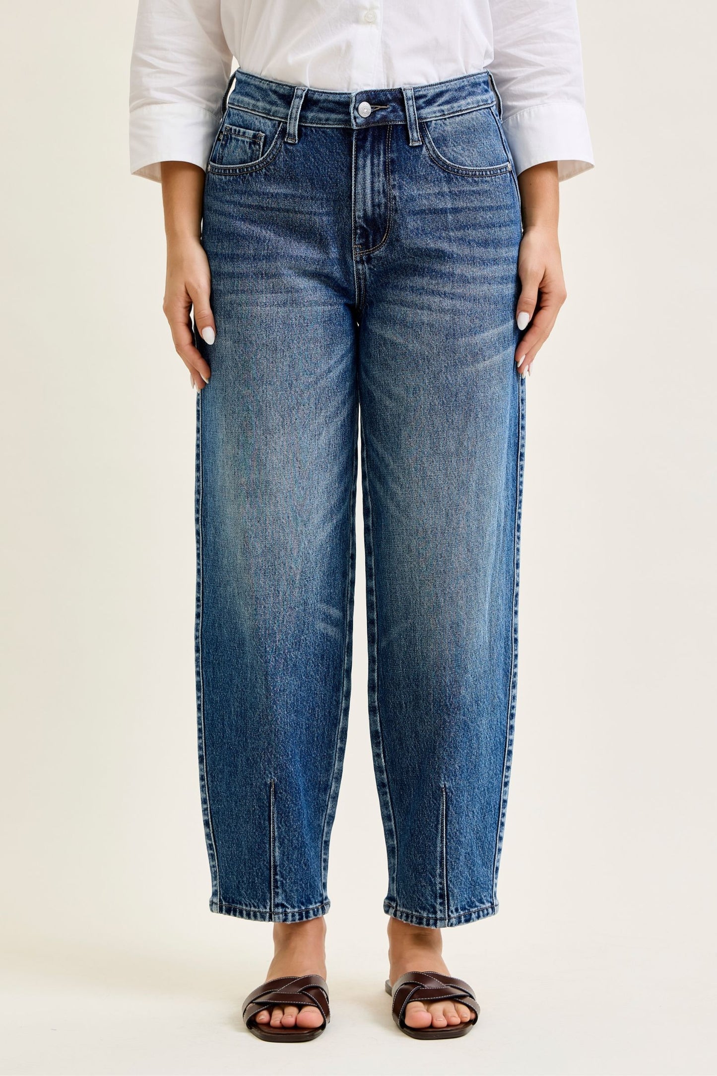 JUDY BLUE HIGH WAIST R.M. BARREL W DART DETAILING - MEDIUM STONE
