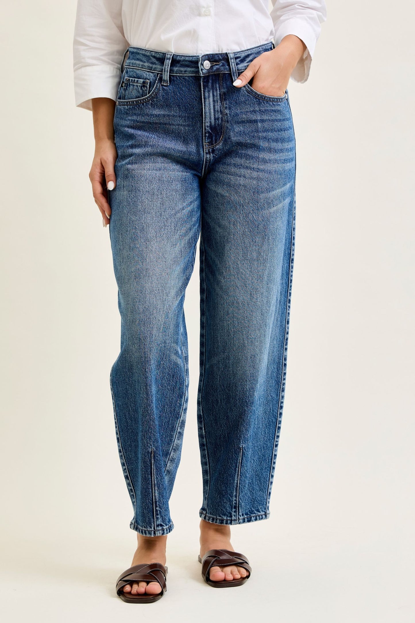 JUDY BLUE HIGH WAIST R.M. BARREL W DART DETAILING - MEDIUM STONE