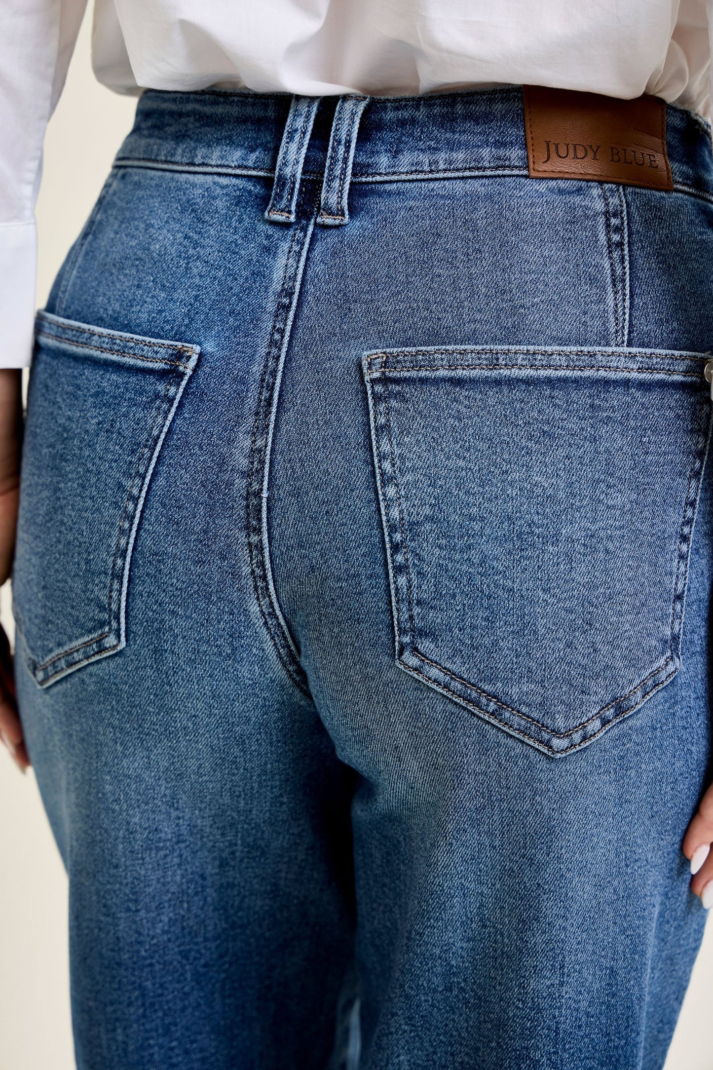 JUDY BLUE HIGH WAIST R.M. BARREL W DART DETAILING - MEDIUM STONE