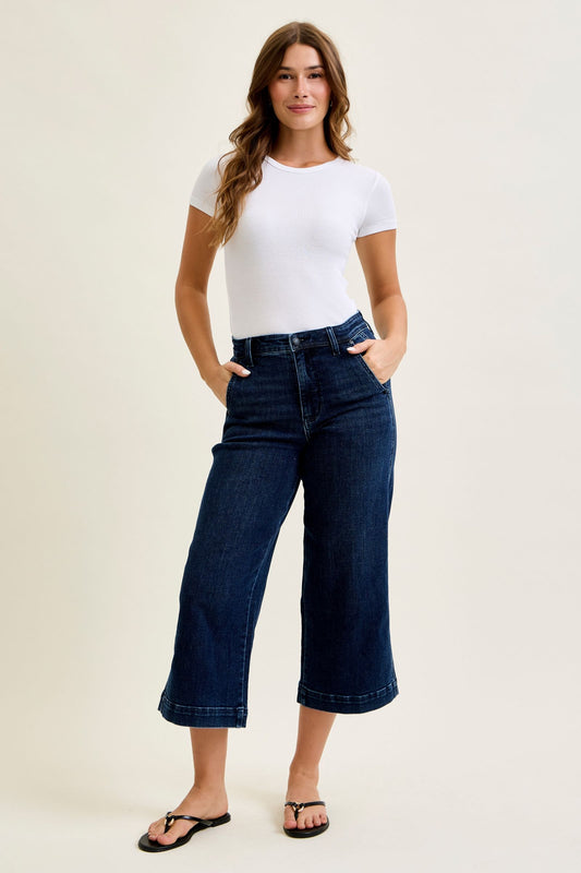 JUDY BLUE HIGH WAIST ANKLE WIDE TROUSER - DARK STONE