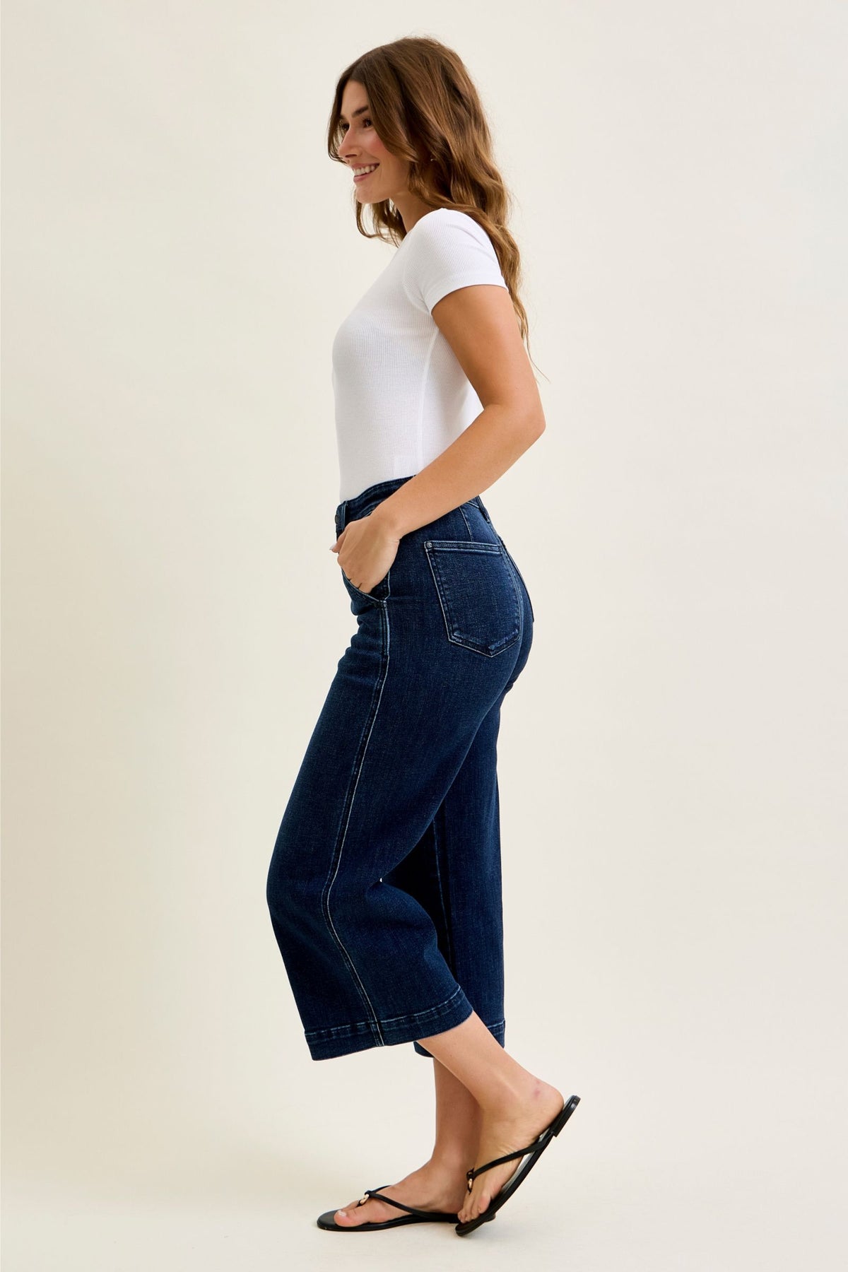 JUDY BLUE HIGH WAIST ANKLE WIDE TROUSER - DARK STONE