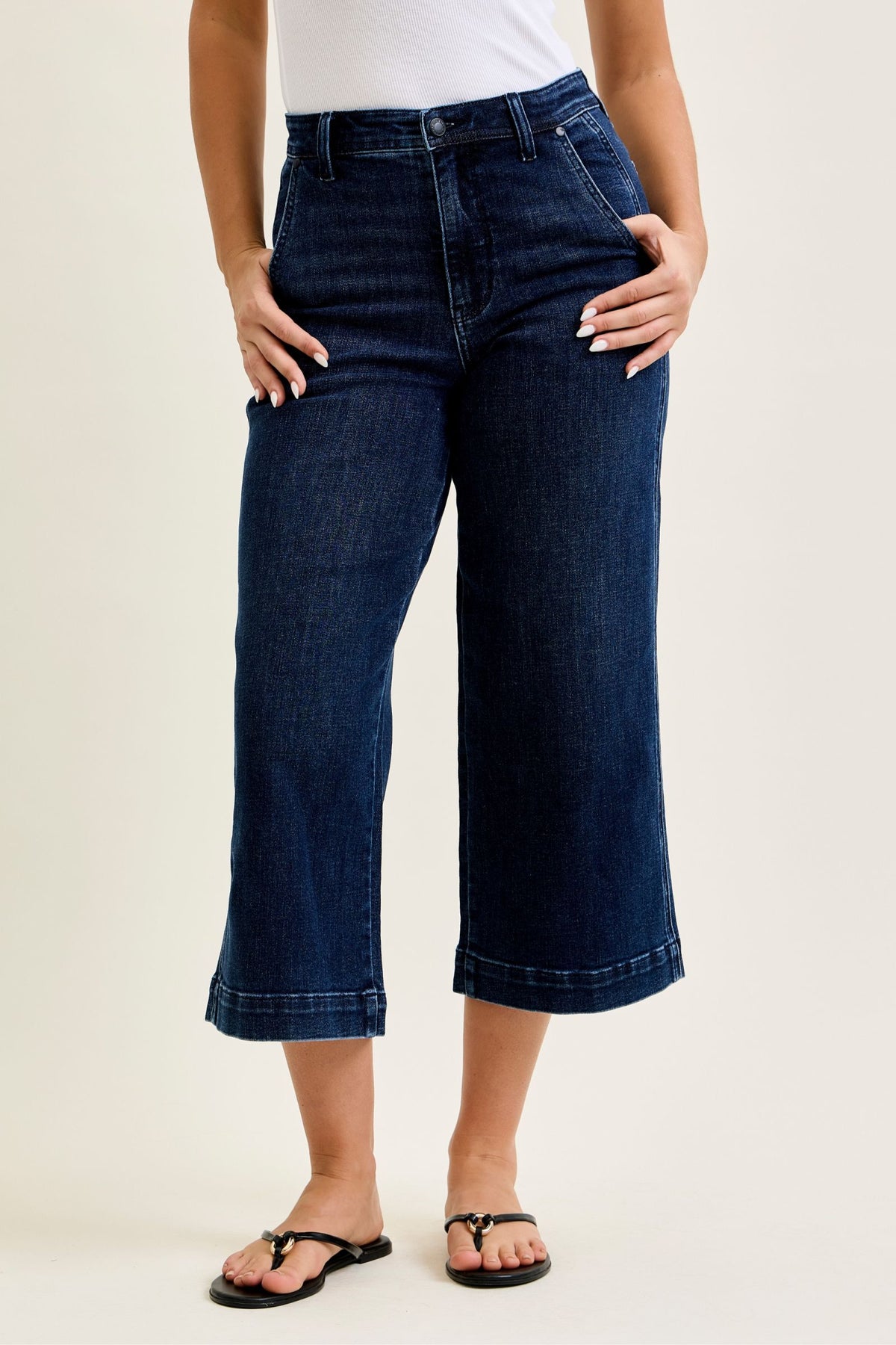 JUDY BLUE HIGH WAIST ANKLE WIDE TROUSER - DARK STONE