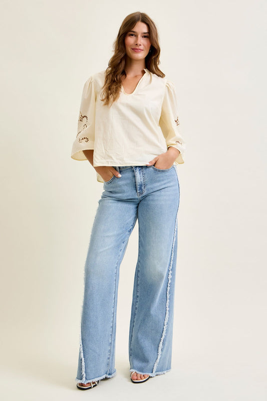 JUDY BLUE HIGH WAIST RETRO WIDE RAW TWISTED OUTSEAM JEANS - LIGHT STONE
