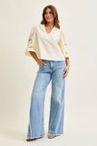JUDY BLUE HIGH WAIST RETRO WIDE RAW TWISTED OUTSEAM JEANS - LIGHT STONE