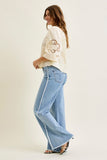 JUDY BLUE HIGH WAIST RETRO WIDE RAW TWISTED OUTSEAM JEANS - LIGHT STONE