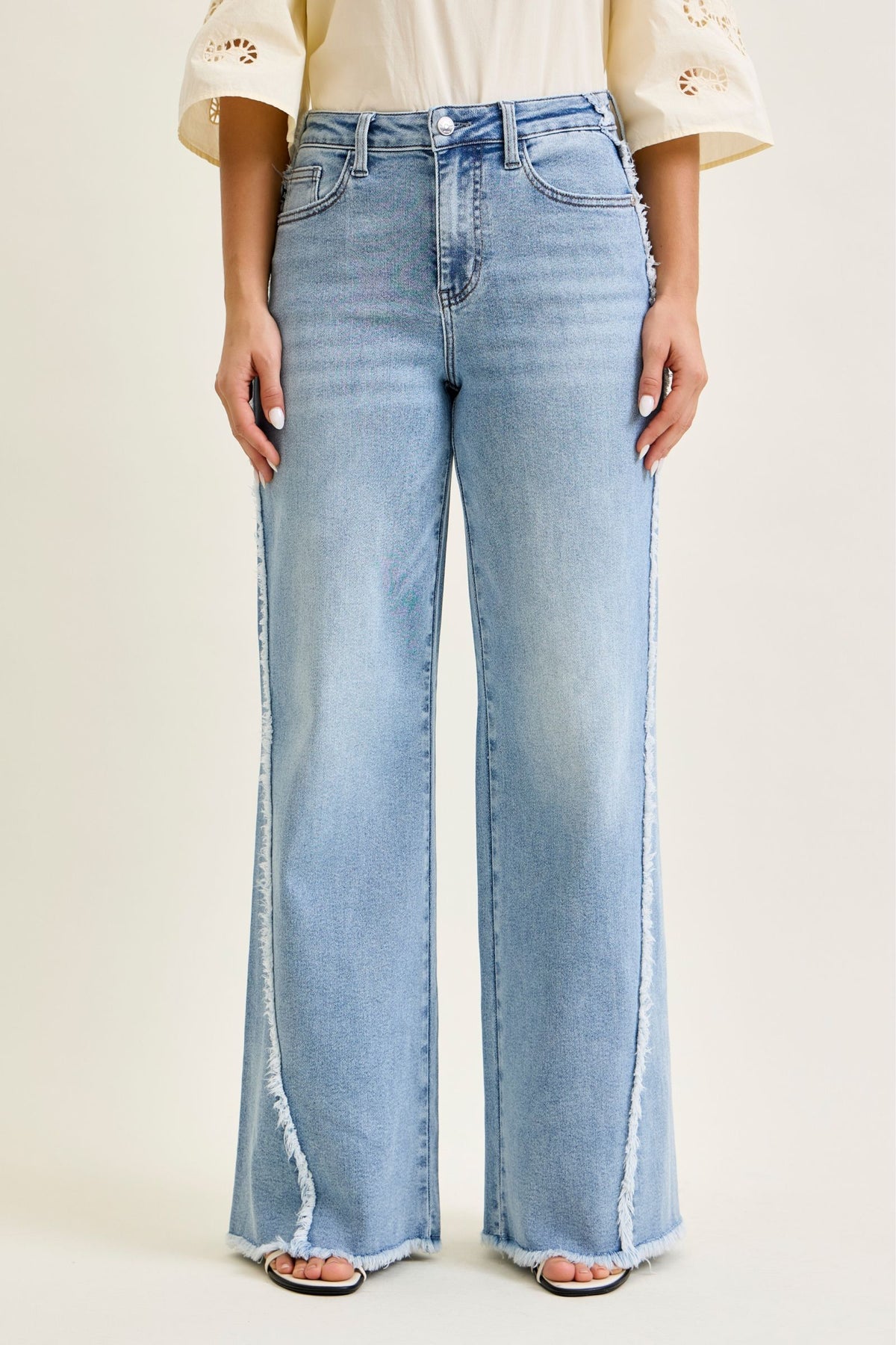 JUDY BLUE HIGH WAIST RETRO WIDE RAW TWISTED OUTSEAM JEANS - LIGHT STONE
