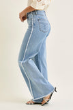 JUDY BLUE HIGH WAIST RETRO WIDE RAW TWISTED OUTSEAM JEANS - LIGHT STONE