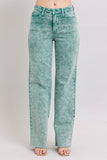 JUDY BLUE HIGH WAIST GARMENT DYED RAW HEM DAD JEAN - SEA GREEN