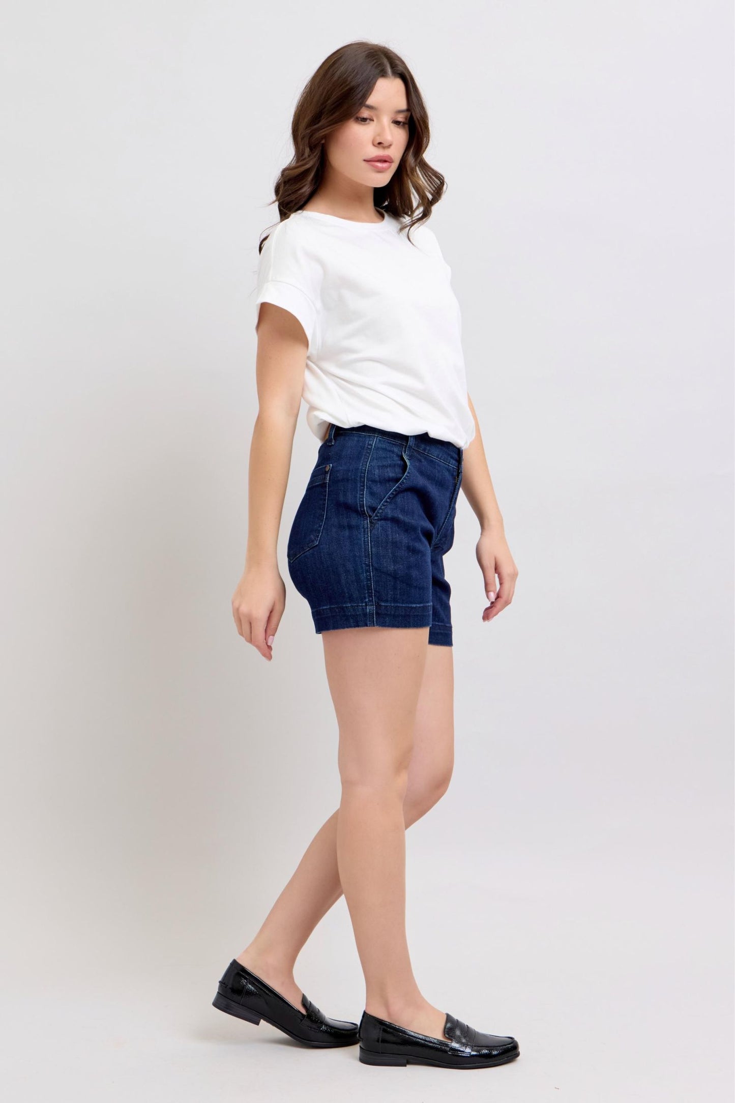 JUDY BLUE HIGH WAIST DENIM TROUSER SHORTS - DARK STONE