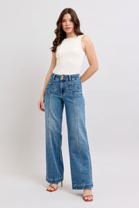 JUDY BLUE HIGH WAIST STAR & FRONT SEAM DETAIL WIDE JEAN - MEDIUM STONE