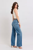 JUDY BLUE HIGH WAIST STAR & FRONT SEAM DETAIL WIDE JEAN - MEDIUM STONE