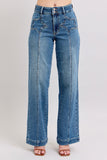 JUDY BLUE HIGH WAIST STAR & FRONT SEAM DETAIL WIDE JEAN - MEDIUM STONE