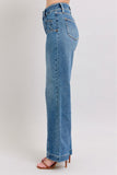 JUDY BLUE HIGH WAIST STAR & FRONT SEAM DETAIL WIDE JEAN - MEDIUM STONE