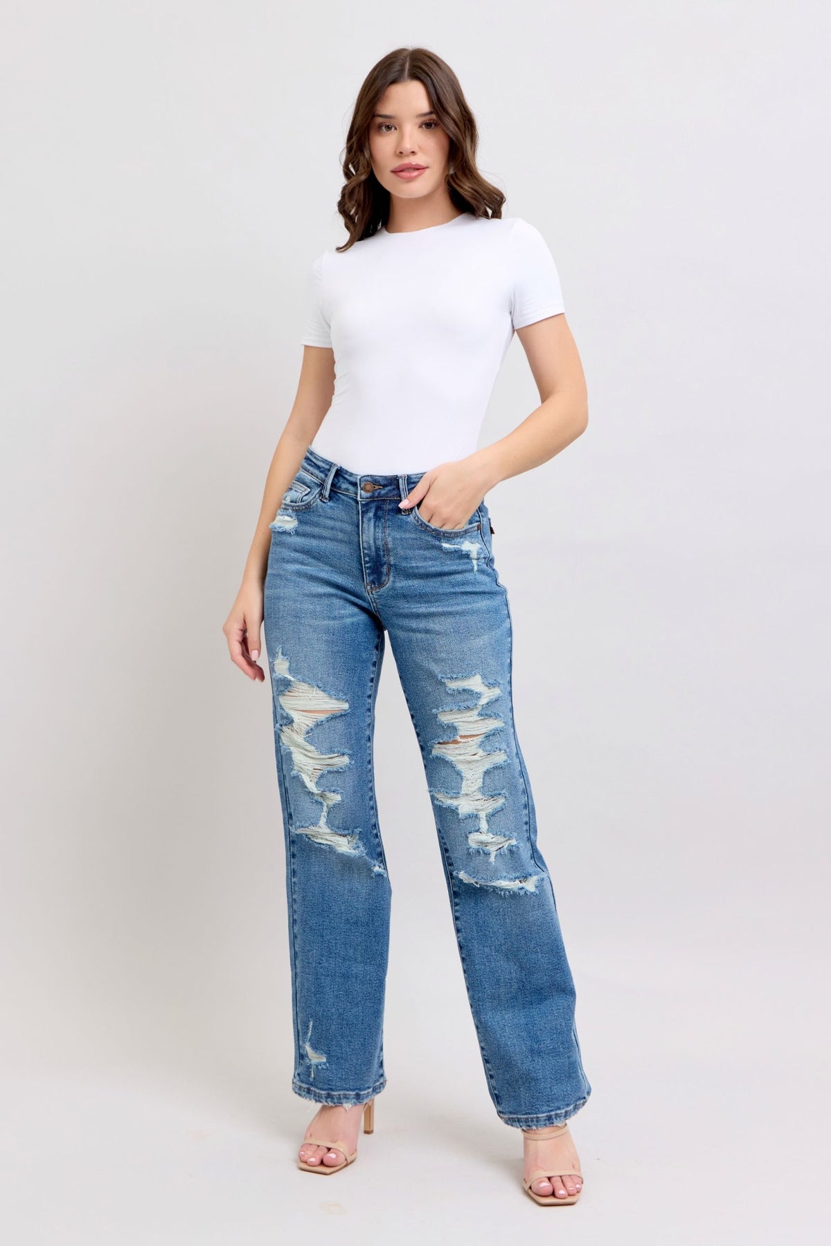 JUDY BLUE HIGH WAIST HEAVY DESTROY STRAIGHT JEAN - MEDIUM STONE