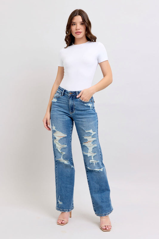 JUDY BLUE HIGH WAIST HEAVY DESTROY STRAIGHT JEAN - MEDIUM STONE