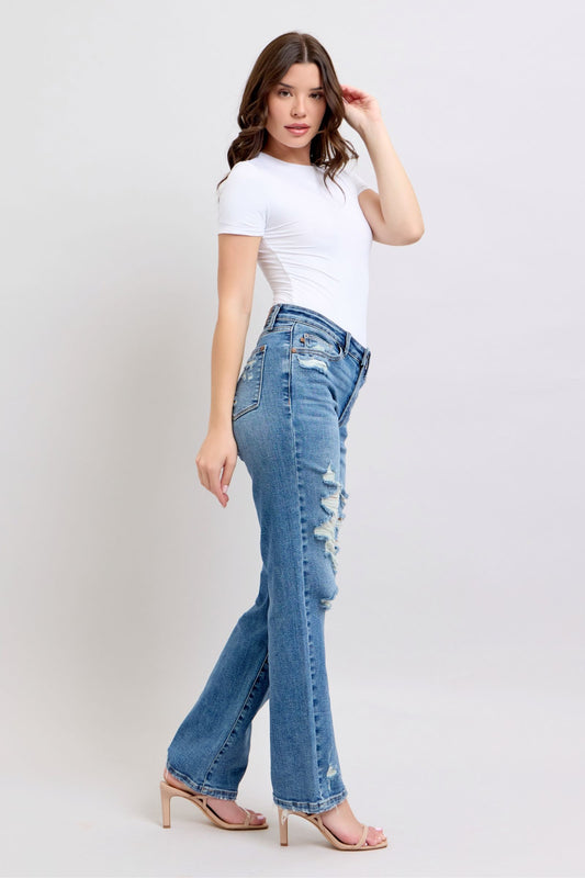 JUDY BLUE HIGH WAIST HEAVY DESTROY STRAIGHT JEAN - MEDIUM STONE