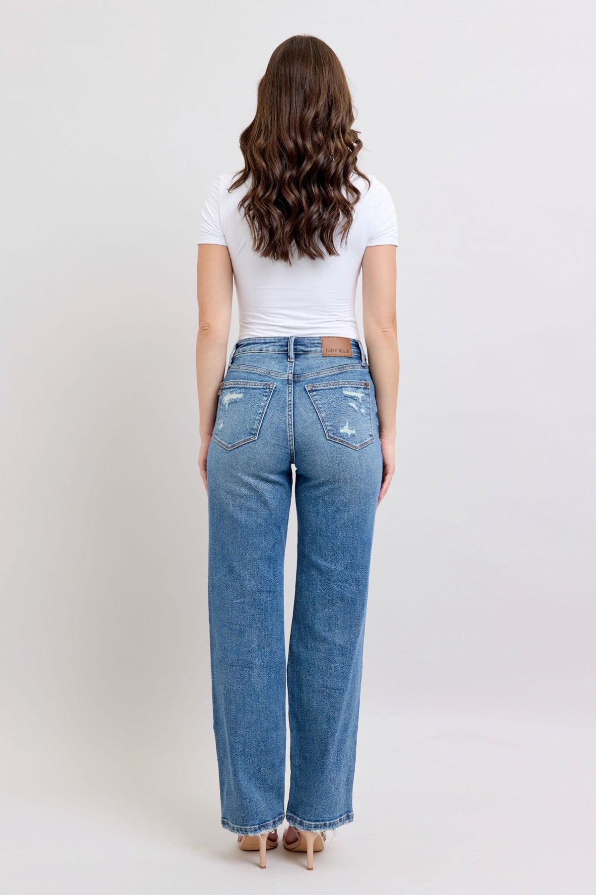 JUDY BLUE HIGH WAIST HEAVY DESTROY STRAIGHT JEAN - MEDIUM STONE