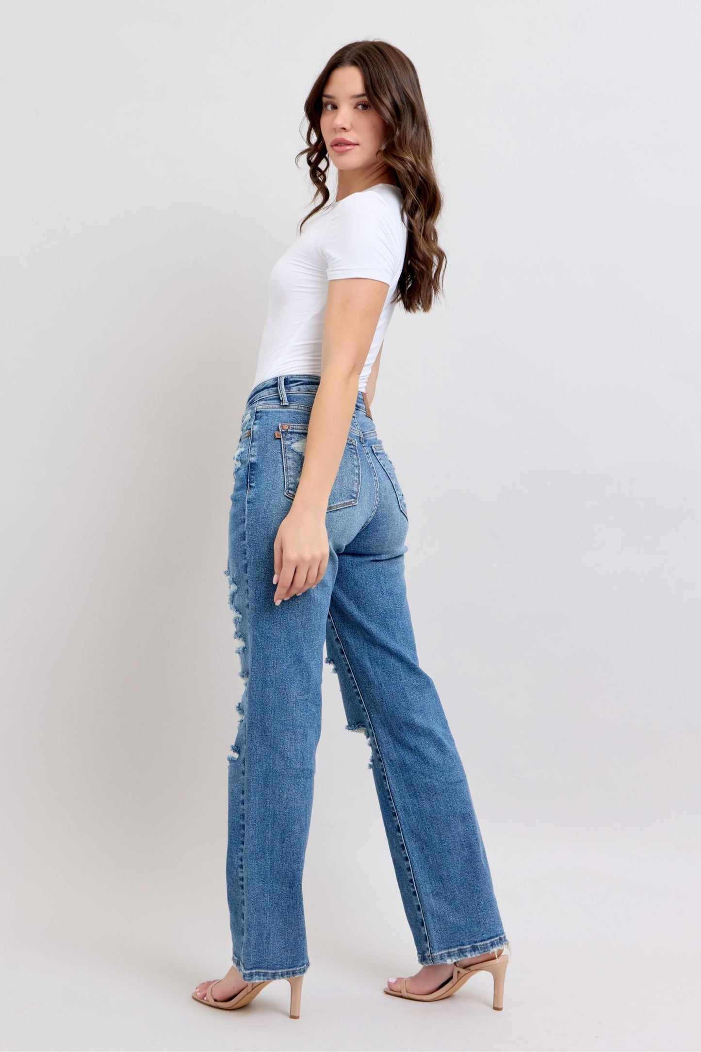 JUDY BLUE HIGH WAIST HEAVY DESTROY STRAIGHT JEAN - MEDIUM STONE
