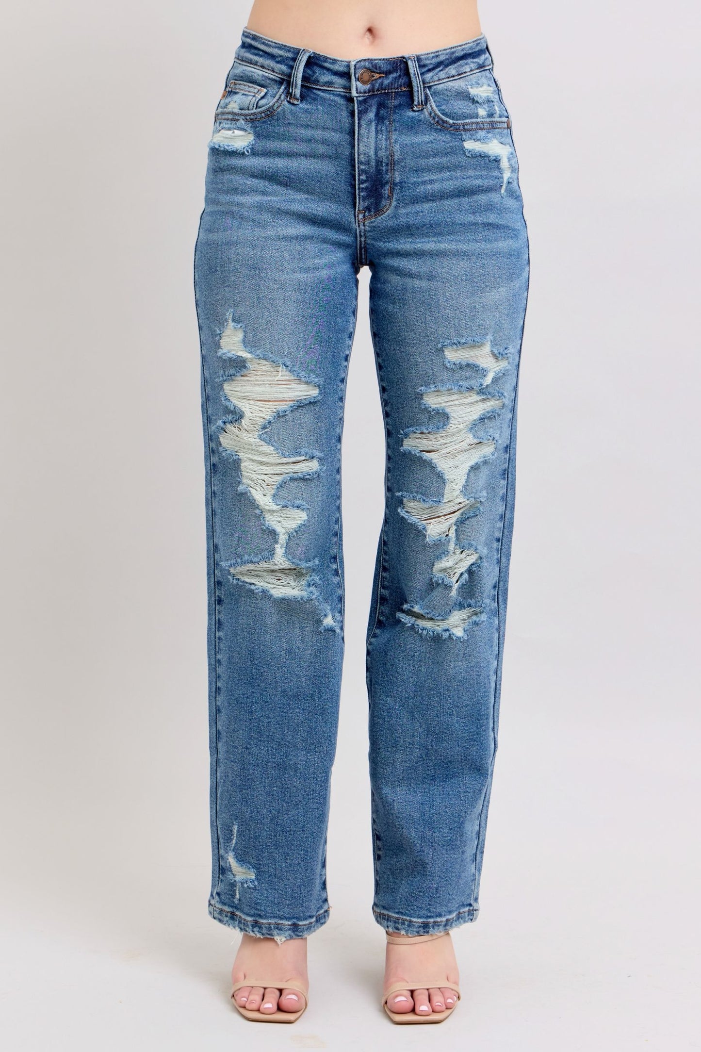 JUDY BLUE HIGH WAIST HEAVY DESTROY STRAIGHT JEAN - MEDIUM STONE
