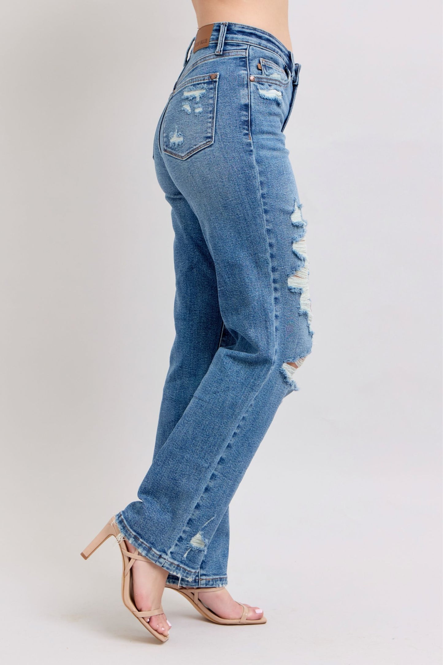 JUDY BLUE HIGH WAIST HEAVY DESTROY STRAIGHT JEAN - MEDIUM STONE