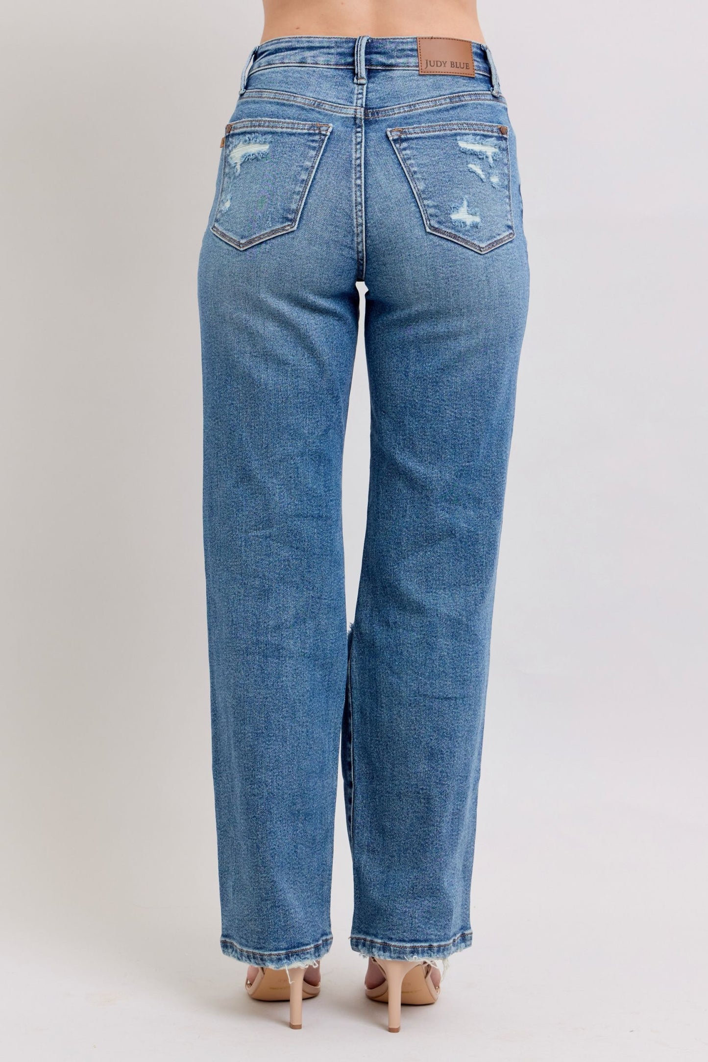 JUDY BLUE HIGH WAIST HEAVY DESTROY STRAIGHT JEAN - MEDIUM STONE