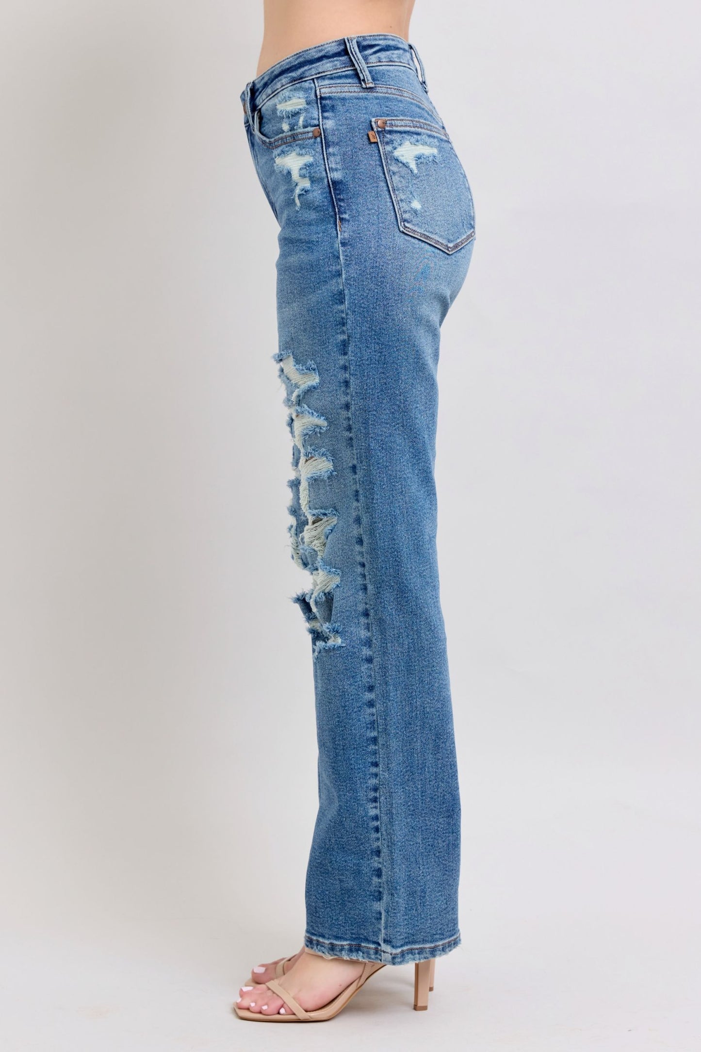 JUDY BLUE HIGH WAIST HEAVY DESTROY STRAIGHT JEAN - MEDIUM STONE