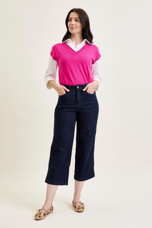 JUDY BLUE HIGH WAIST SIDE SEAM BRAID DETAIL CROP WIDE JEAN - RINSE