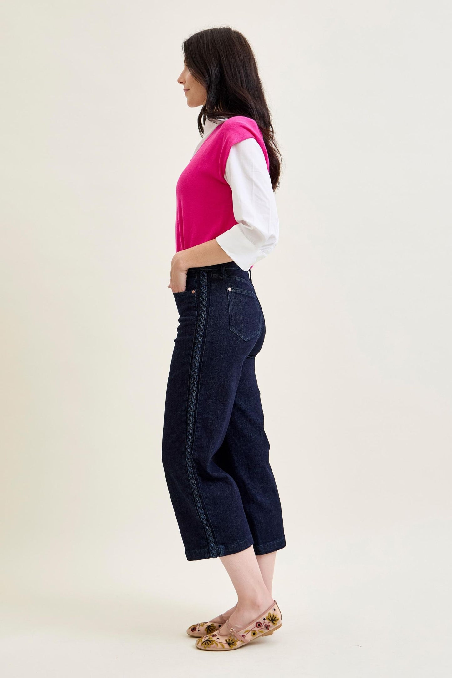 JUDY BLUE HIGH WAIST SIDE SEAM BRAID DETAIL CROP WIDE JEAN - RINSE