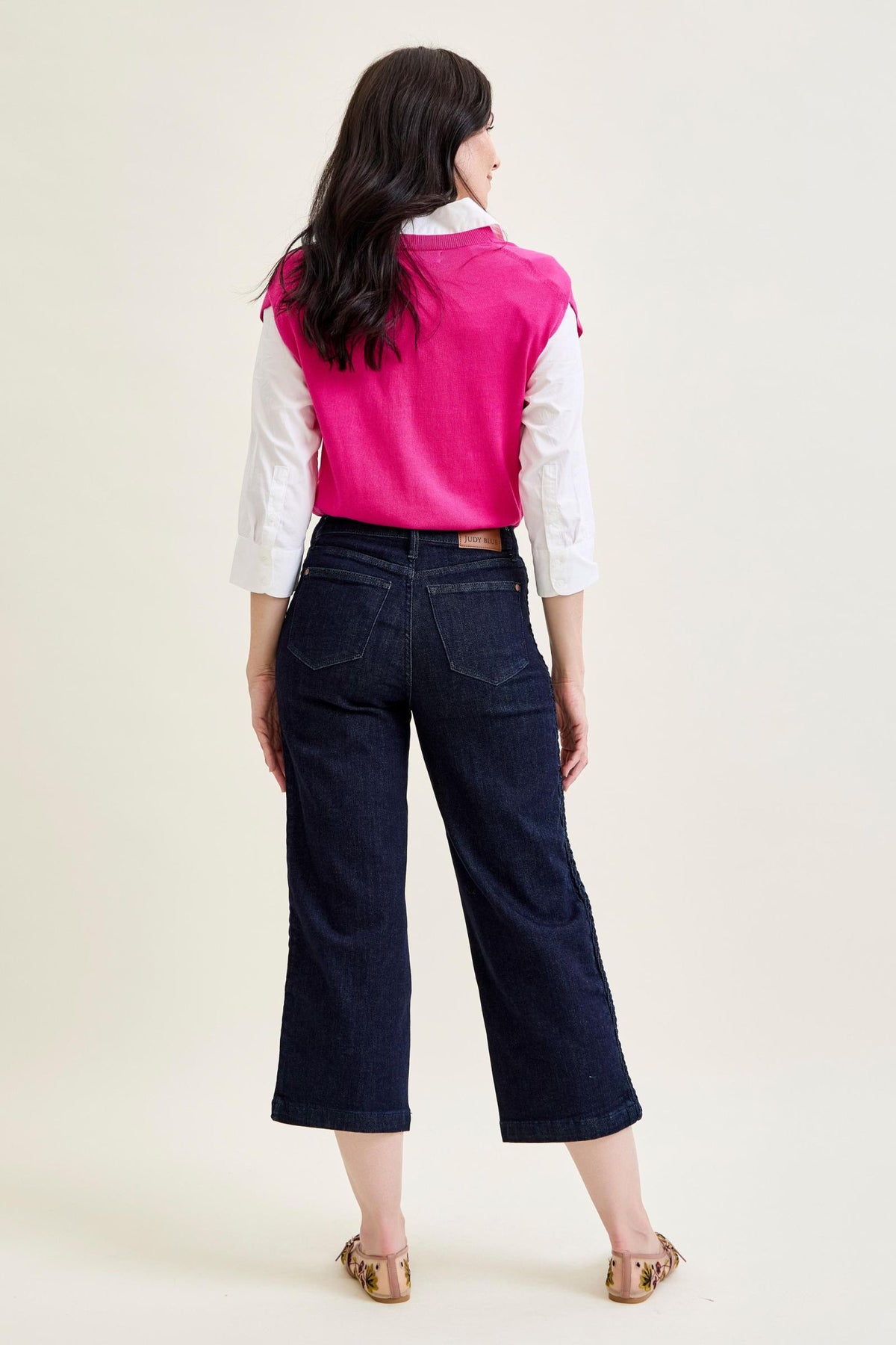 JUDY BLUE HIGH WAIST SIDE SEAM BRAID DETAIL CROP WIDE JEAN - RINSE