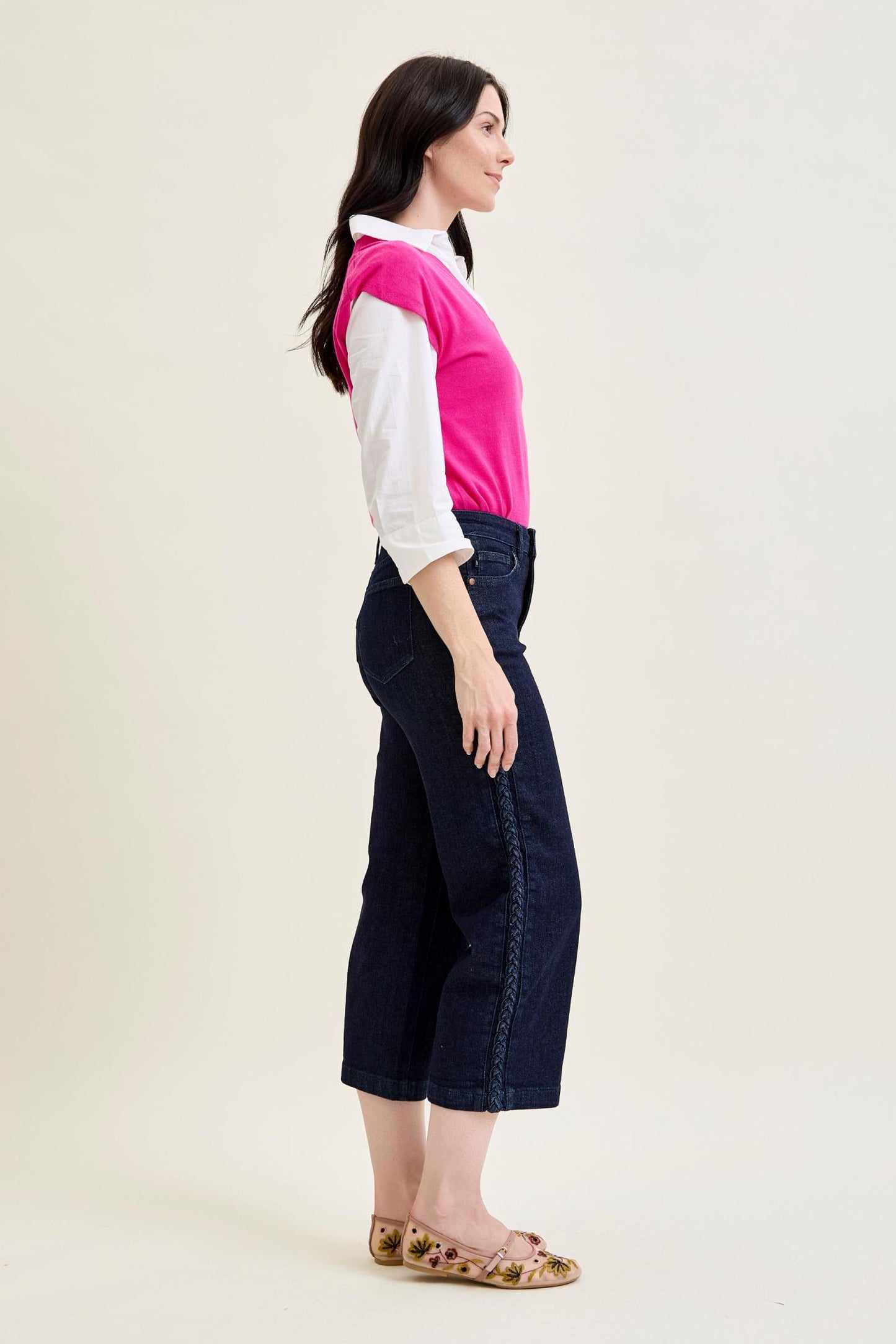 JUDY BLUE HIGH WAIST SIDE SEAM BRAID DETAIL CROP WIDE JEAN - RINSE