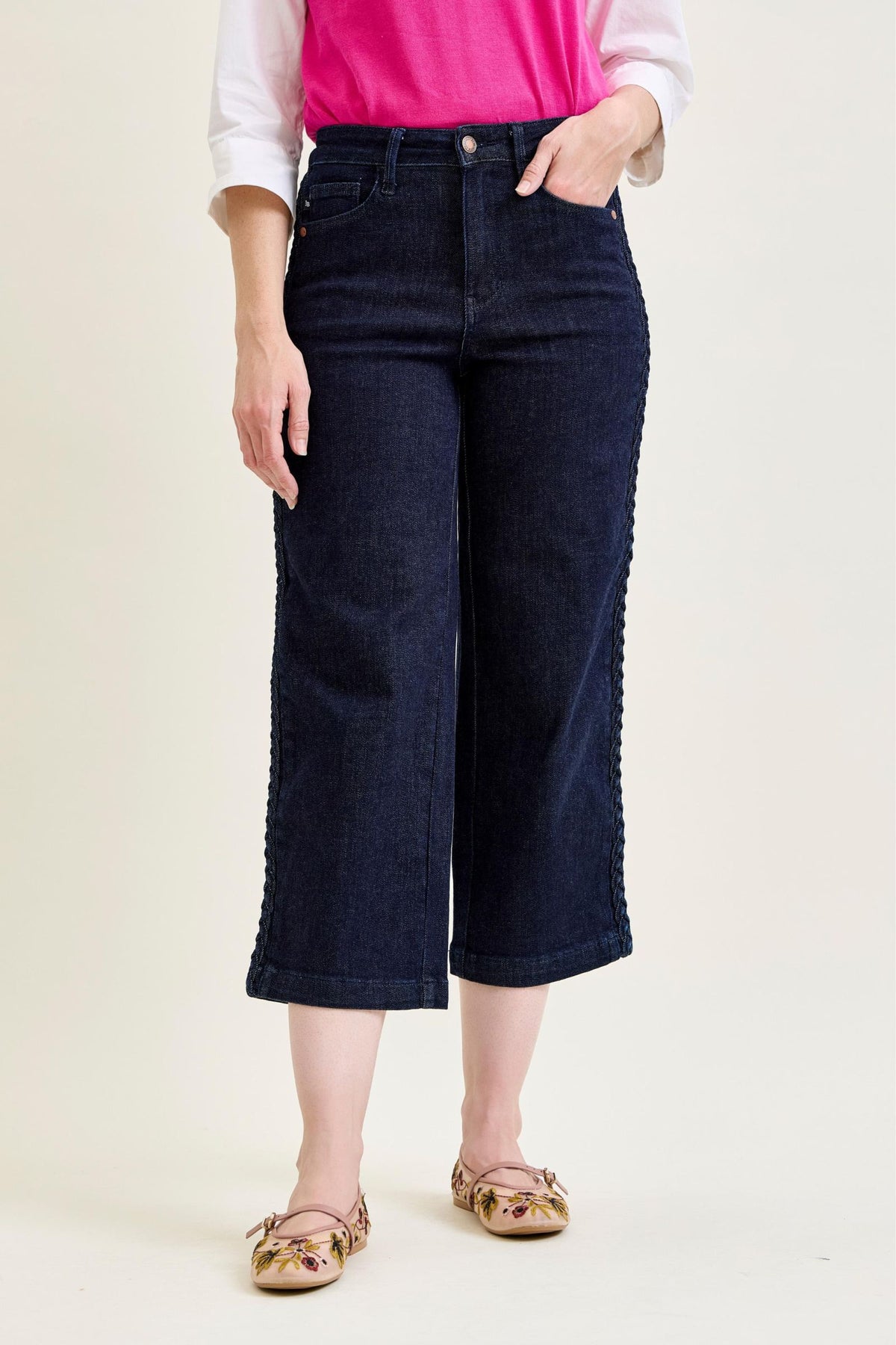 JUDY BLUE HIGH WAIST SIDE SEAM BRAID DETAIL CROP WIDE JEAN - RINSE