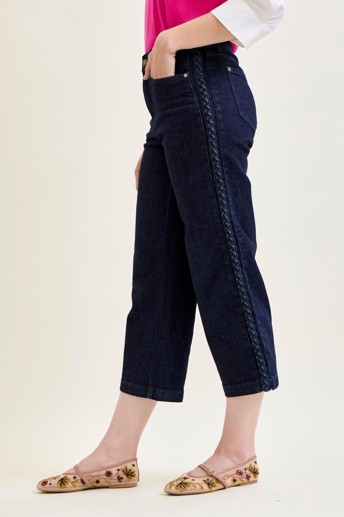 JUDY BLUE HIGH WAIST SIDE SEAM BRAID DETAIL CROP WIDE JEAN - RINSE