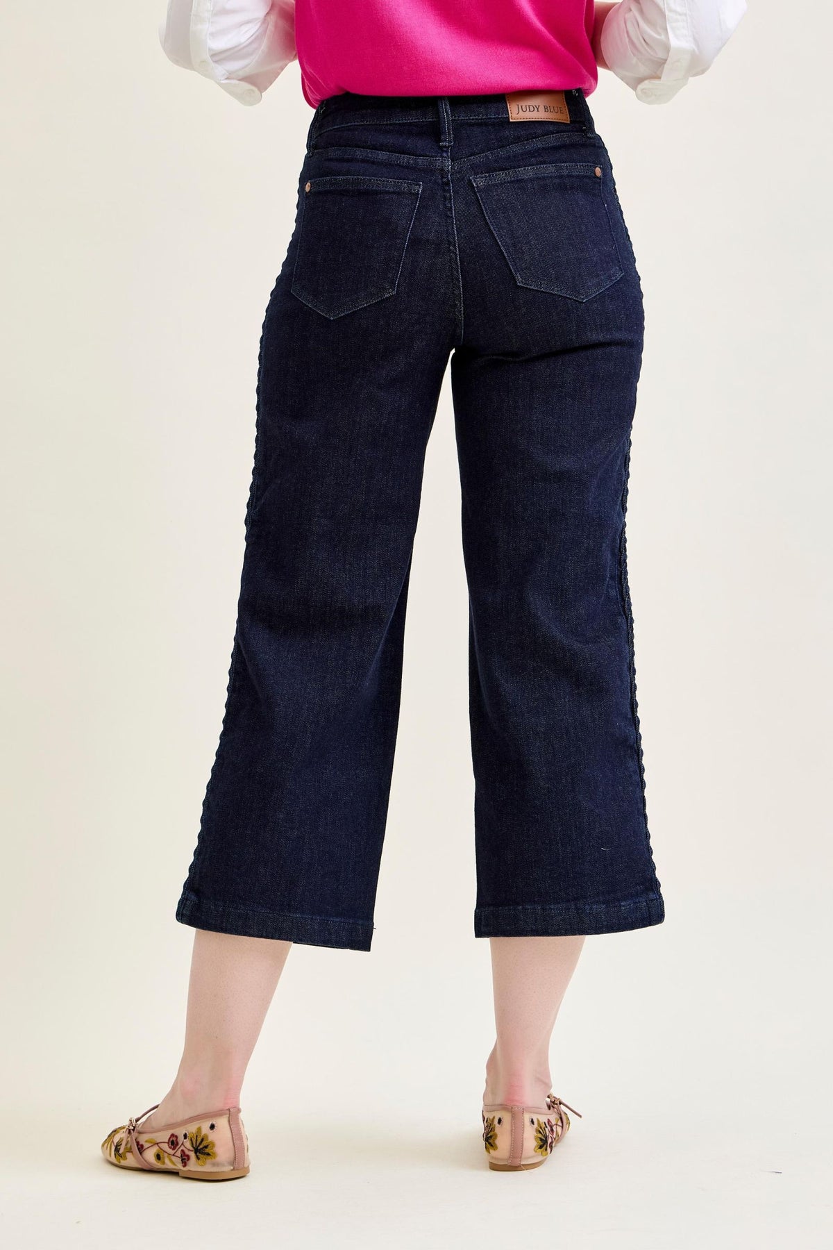 JUDY BLUE HIGH WAIST SIDE SEAM BRAID DETAIL CROP WIDE JEAN - RINSE