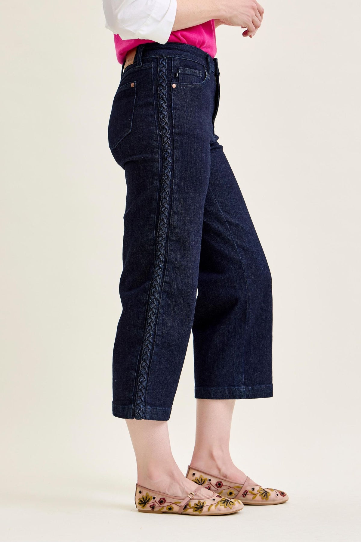 JUDY BLUE HIGH WAIST SIDE SEAM BRAID DETAIL CROP WIDE JEAN - RINSE