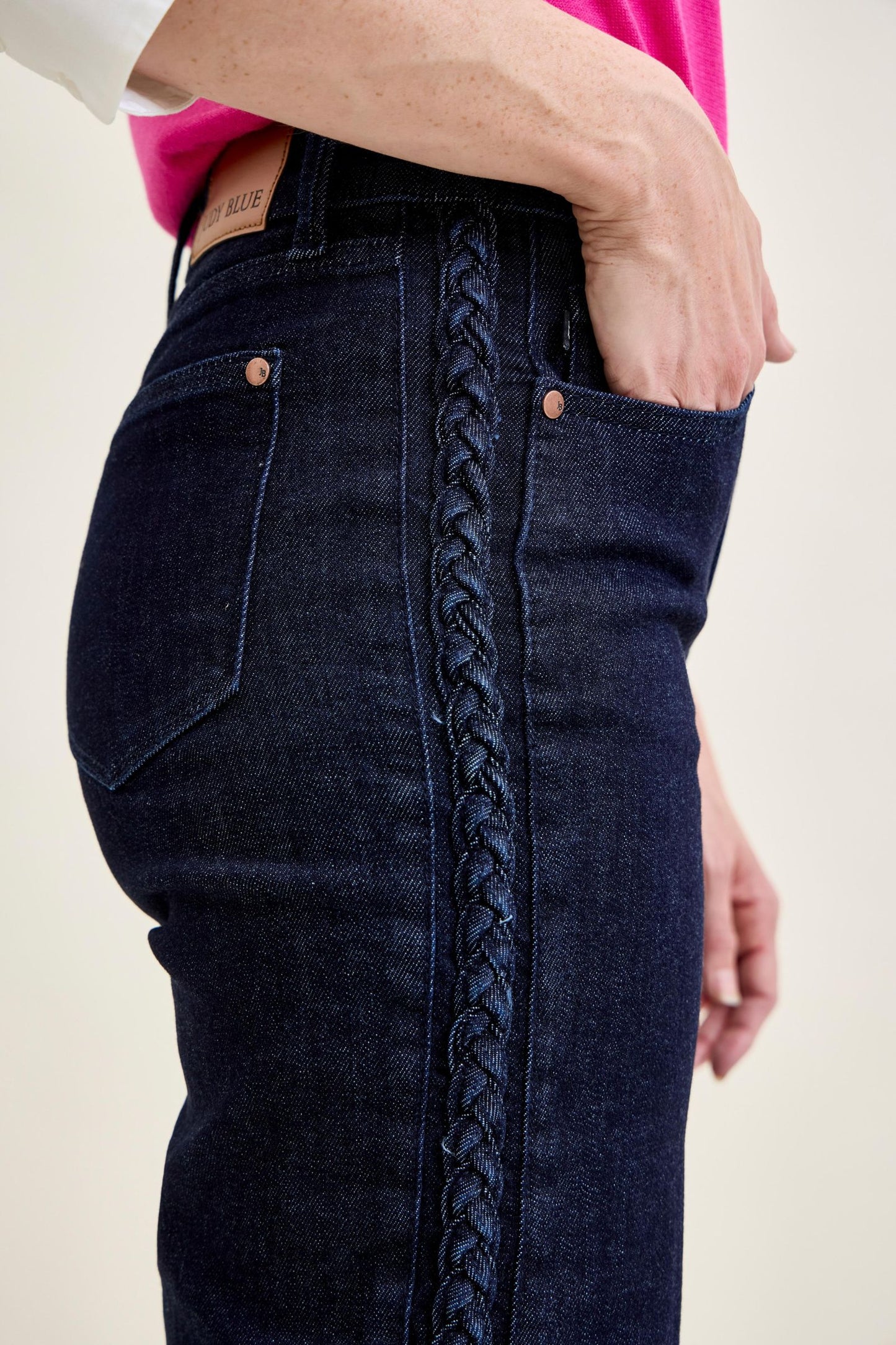 JUDY BLUE HIGH WAIST SIDE SEAM BRAID DETAIL CROP WIDE JEAN - RINSE