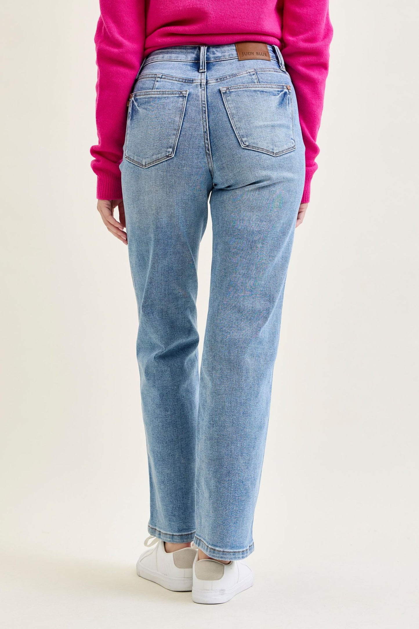 JUDY BLUE MID RISE TUMMY CONTROL VINTAGE WASH STRAIGHT JEANS - MEDIUM STONE